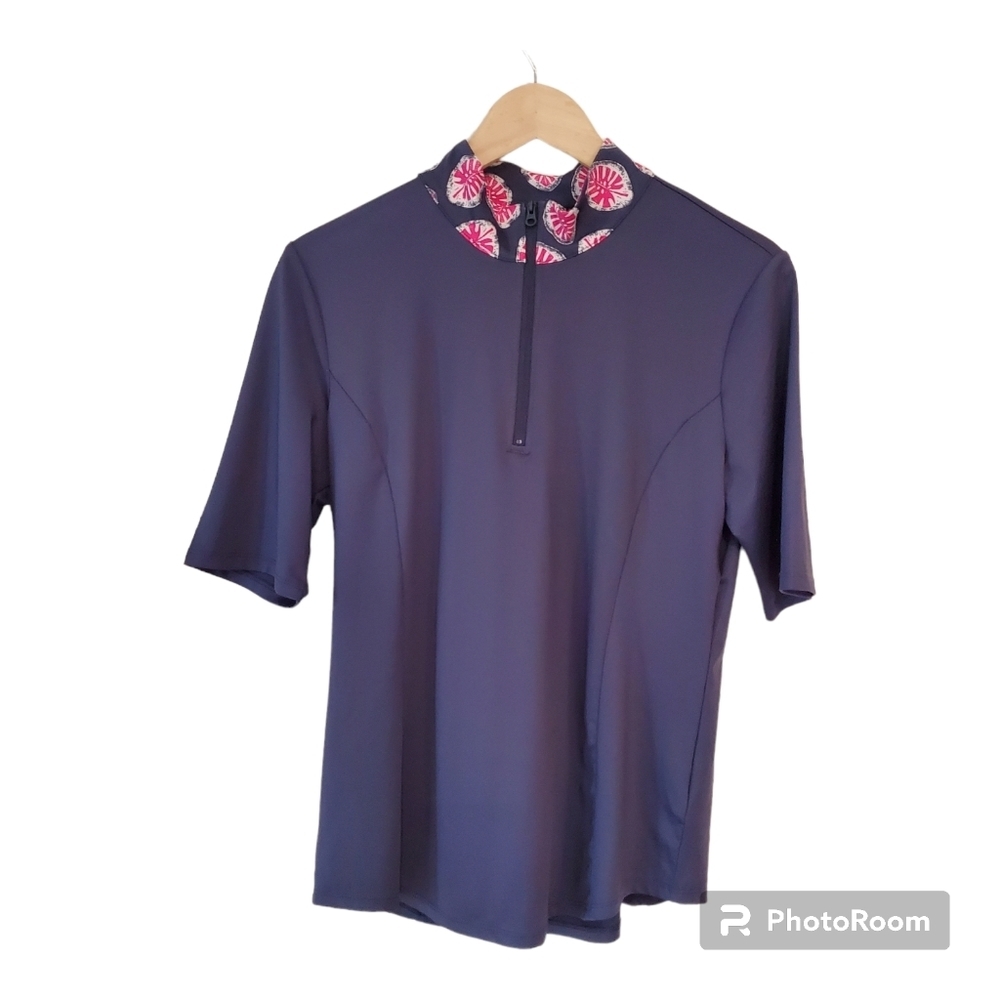 Tommy Bahama Golf Top Shirt Size Large Blue Pullover 1/4 Zip Floral Collar - Picture 2 of 14